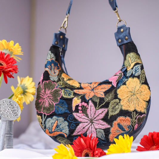 BOHO SADDLE BAG - H&S EMBROIDERED FLORAL - NAVY - NO. 200561