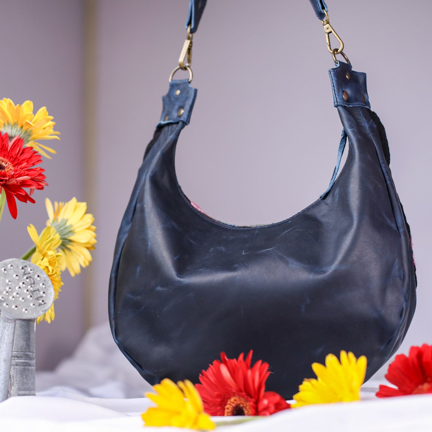 BOHO SADDLE BAG - H&S EMBROIDERED FLORAL - NAVY - NO. 200561
