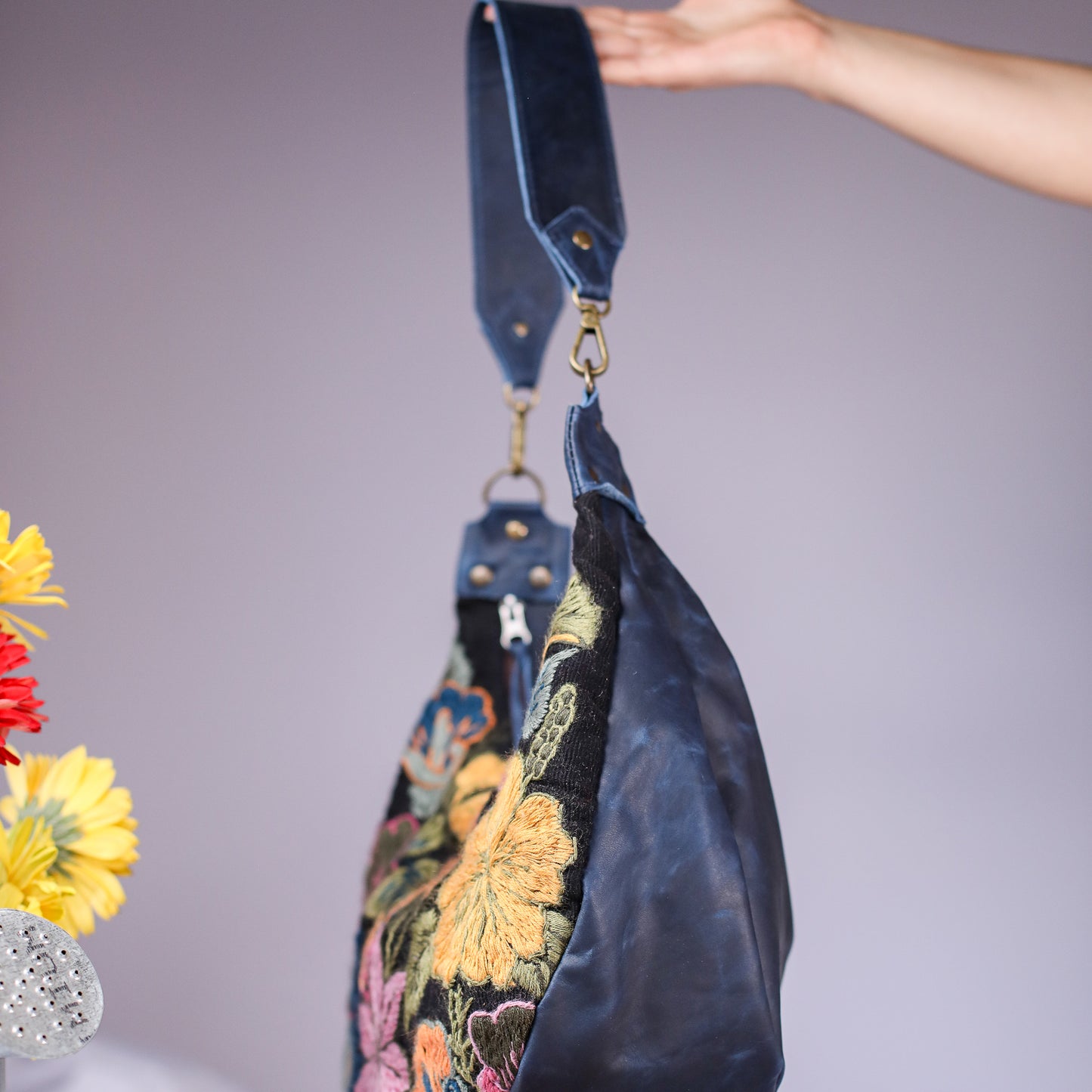 BOHO SADDLE BAG - H&S EMBROIDERED FLORAL - NAVY - NO. 200561