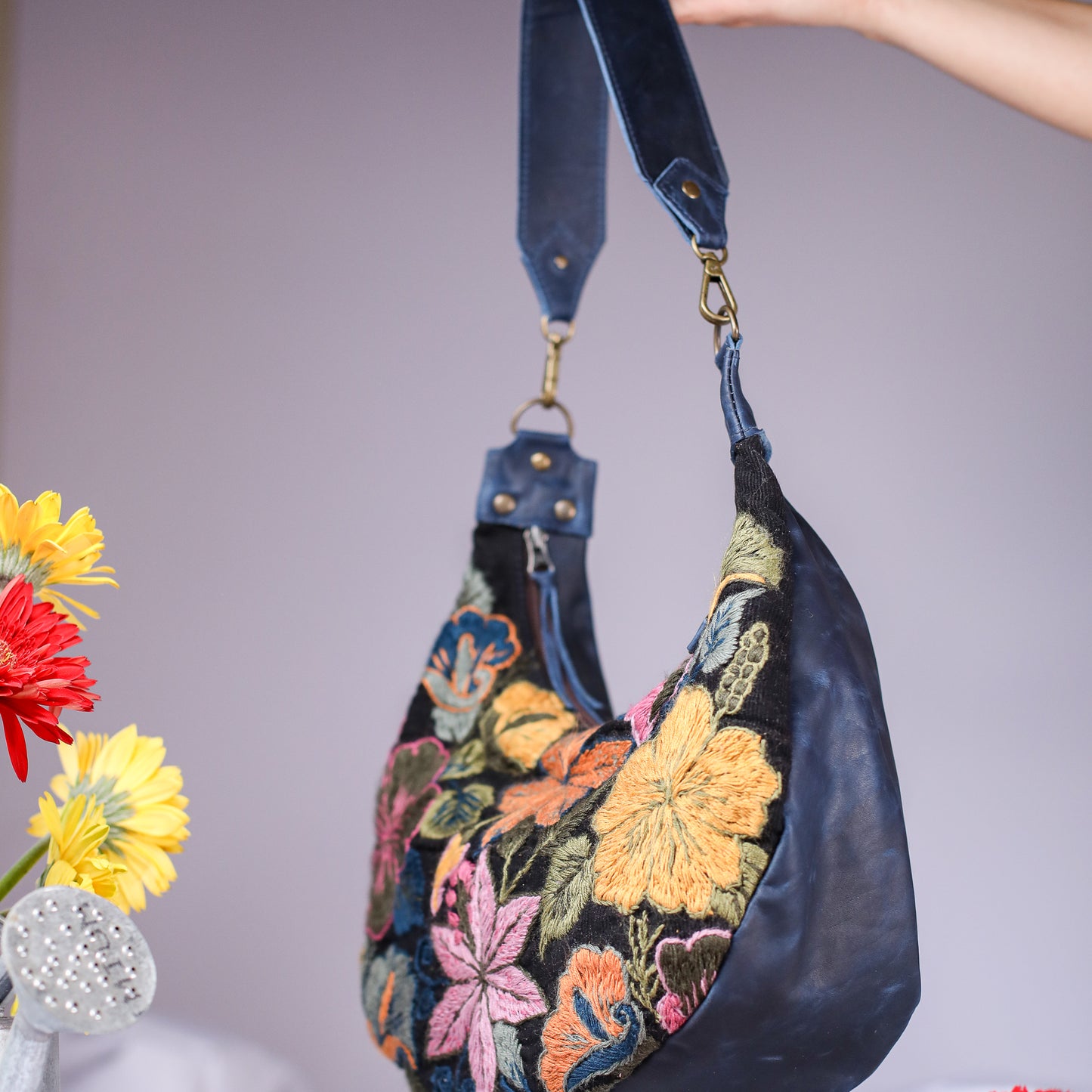 BOHO SADDLE BAG - H&S EMBROIDERED FLORAL - NAVY - NO. 200561