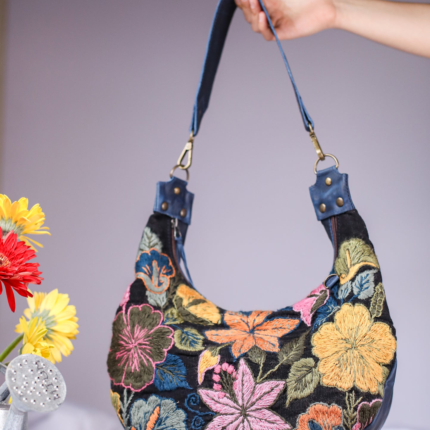 BOHO SADDLE BAG - H&S EMBROIDERED FLORAL - NAVY - NO. 200561