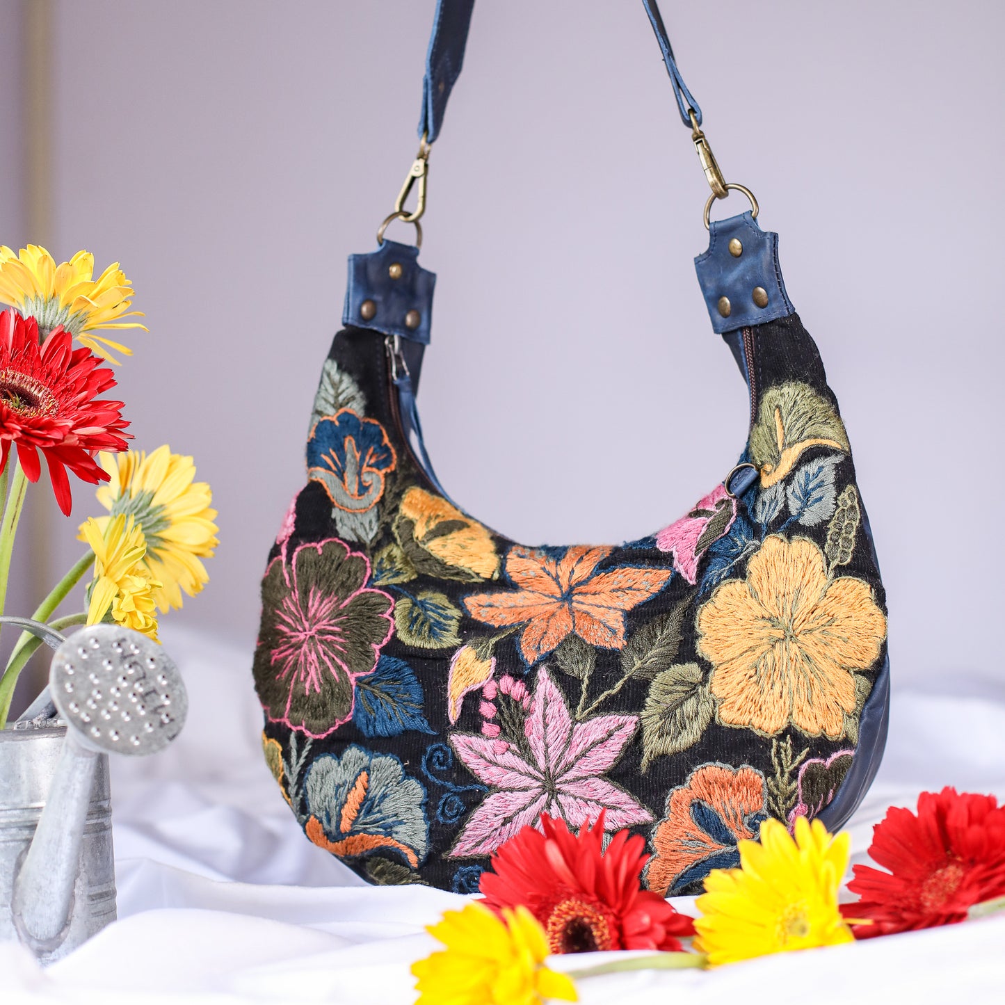 BOHO SADDLE BAG - H&S EMBROIDERED FLORAL - NAVY - NO. 200561