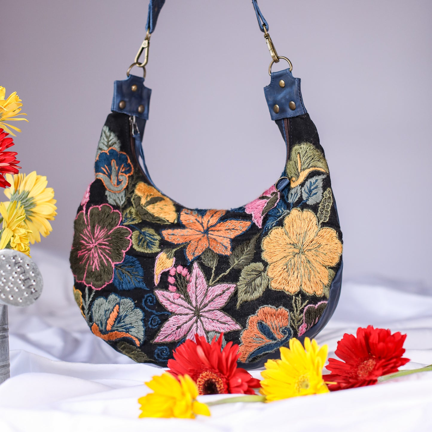 BOHO SADDLE BAG - H&S EMBROIDERED FLORAL - NAVY - NO. 200561