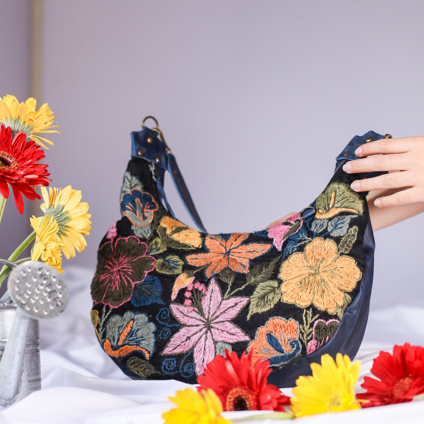 BOHO SADDLE BAG - H&S EMBROIDERED FLORAL - NAVY - NO. 200561