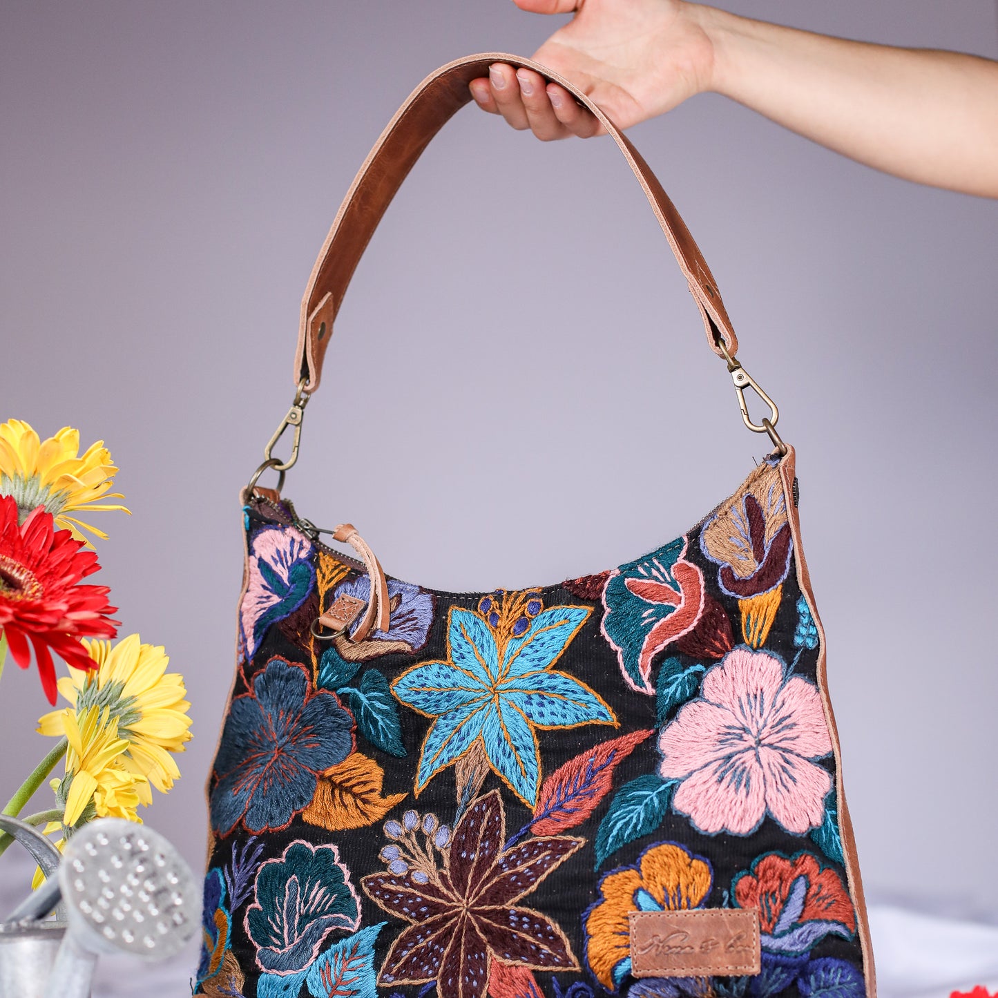 SMALL PENELOPE BAG - H&S EMBROIDERED FLORAL - FAWN - NO. 200695