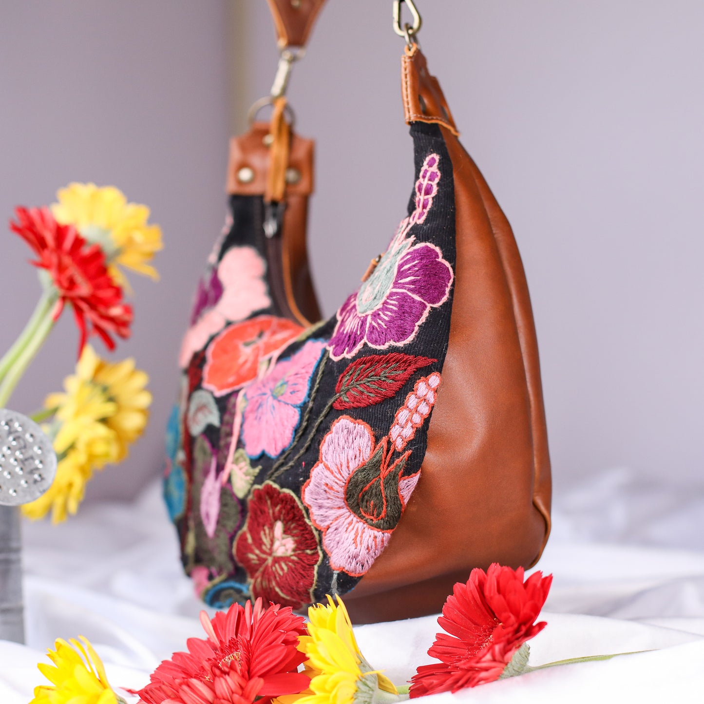 BOHO SADDLE BAG - H&S EMBROIDERED FLORAL - CAFE - NO. 200563