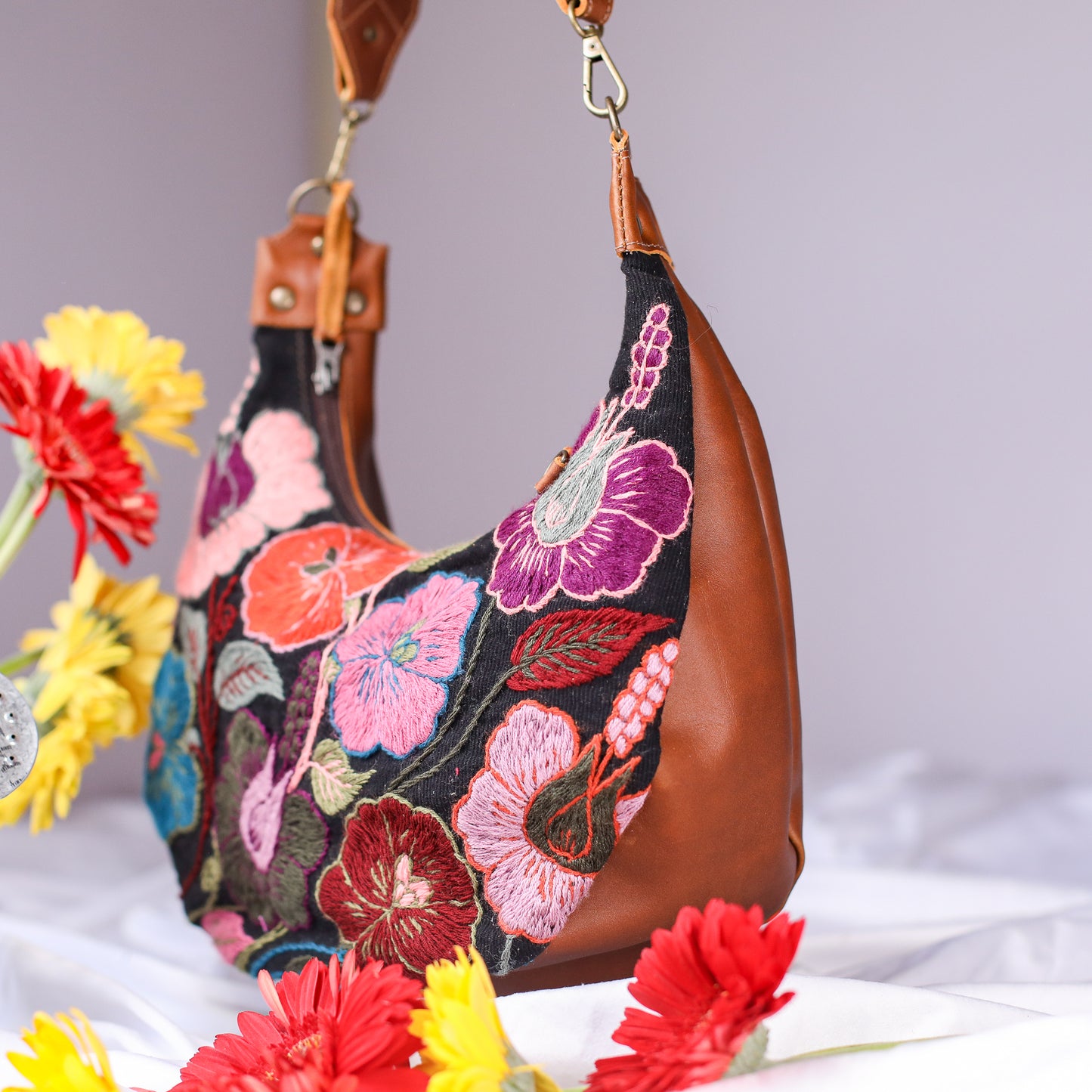 BOHO SADDLE BAG - H&S EMBROIDERED FLORAL - CAFE - NO. 200563