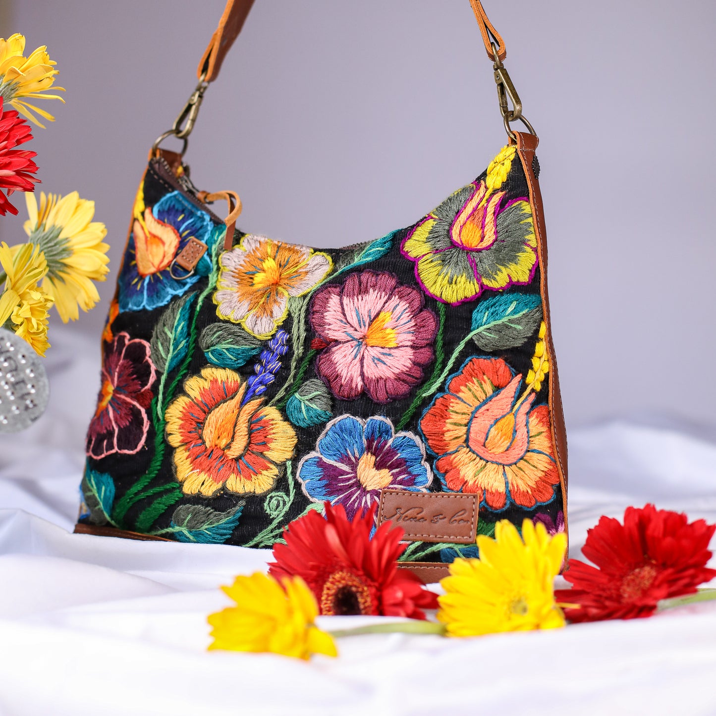 SMALL PENELOPE BAG - H&S EMBROIDERED FLORAL - CAFE - NO. 200696