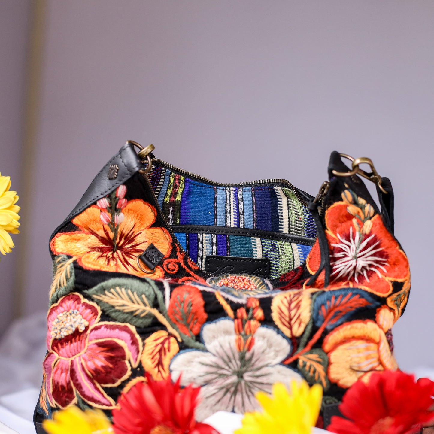 SMALL PENELOPE BAG - H&S EMBROIDERED FLORAL - BLACK - NO. 200694