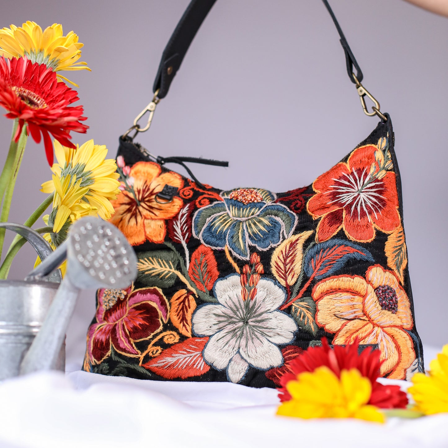 SMALL PENELOPE BAG - H&S EMBROIDERED FLORAL - BLACK - NO. 200694