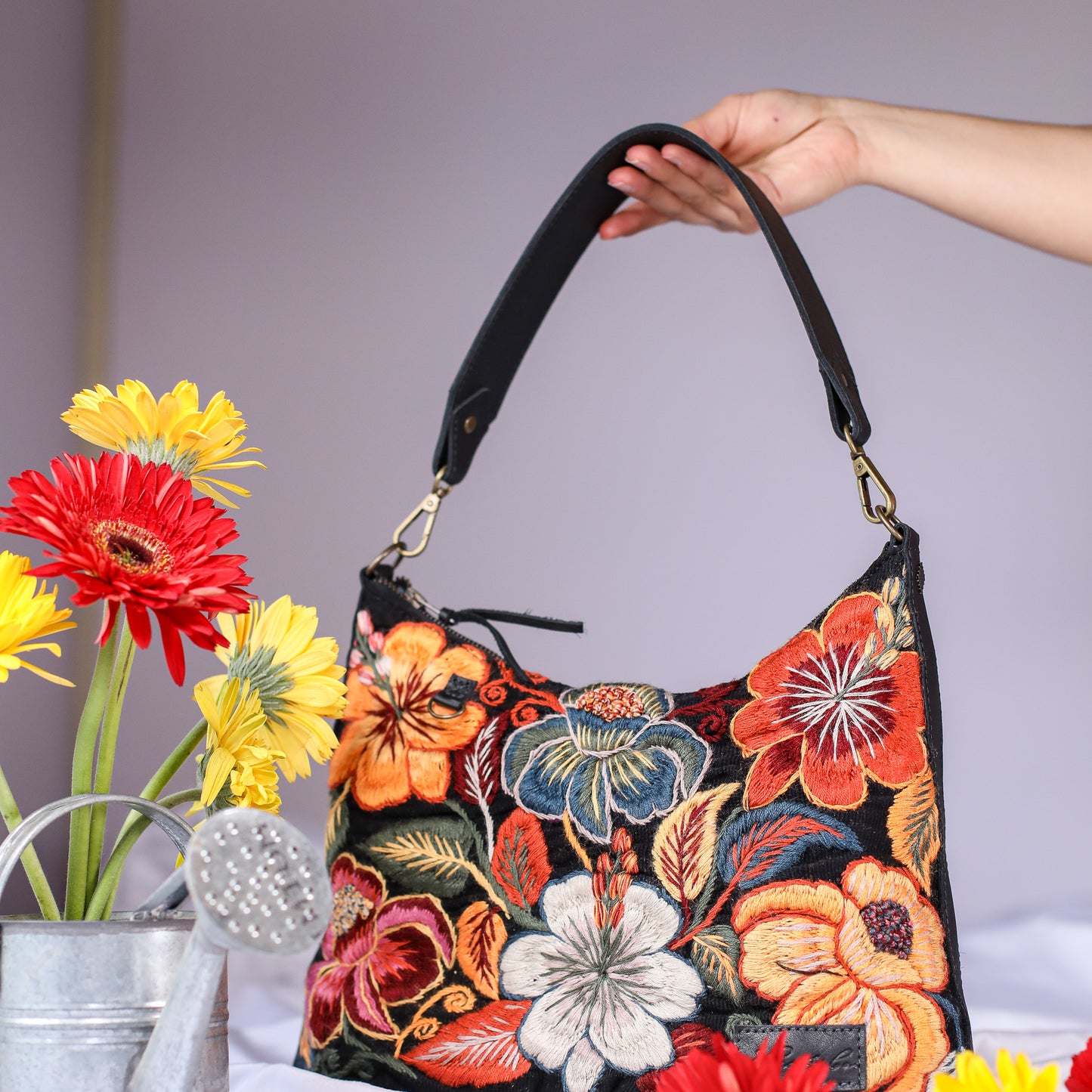 SMALL PENELOPE BAG - H&S EMBROIDERED FLORAL - BLACK - NO. 200694