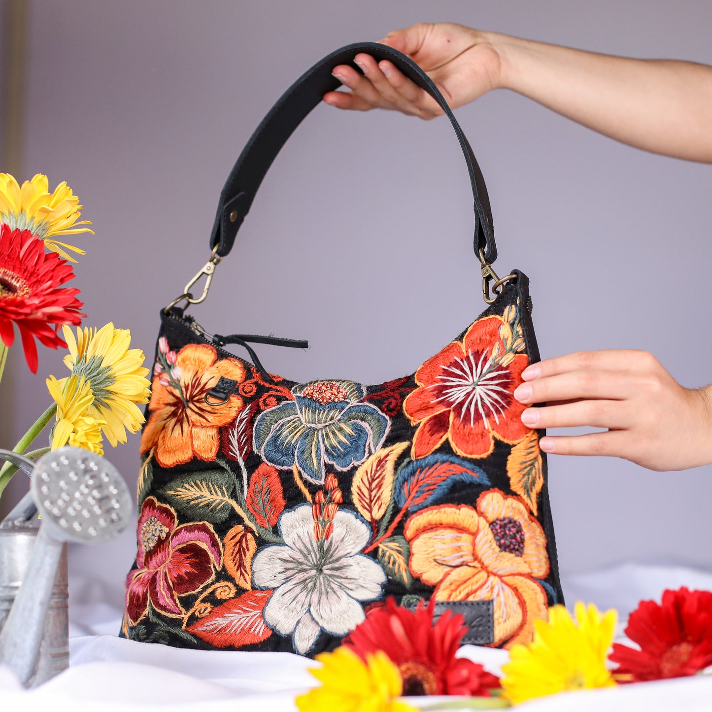 SMALL PENELOPE BAG - H&S EMBROIDERED FLORAL - BLACK - NO. 200694