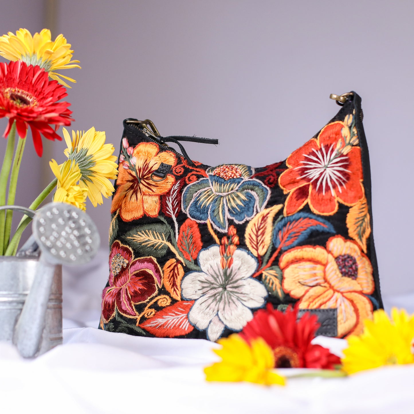 SMALL PENELOPE BAG - H&S EMBROIDERED FLORAL - BLACK - NO. 200694