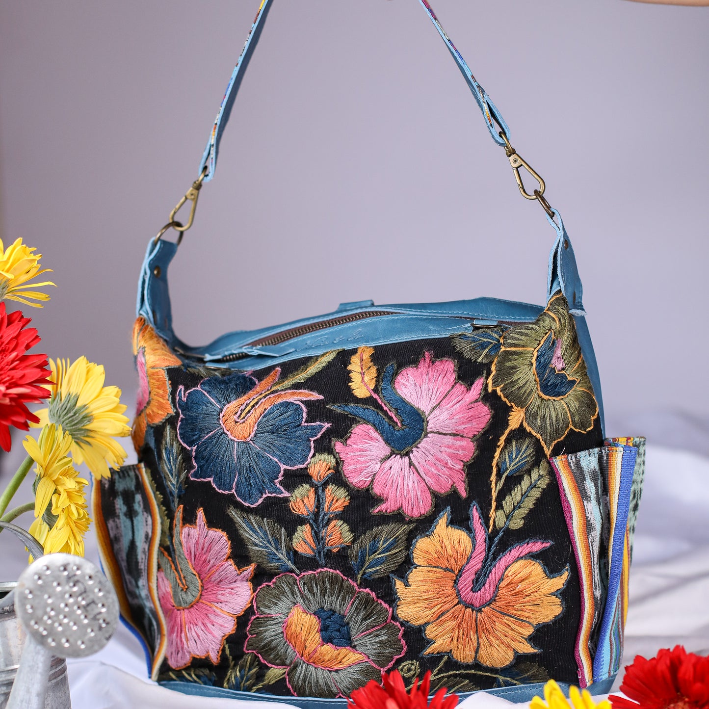 BEATRIZ MCDB + DIAMANTE STRAP - H&S EMBROIDERED FLORAL - CERULEAN - NO. 200553