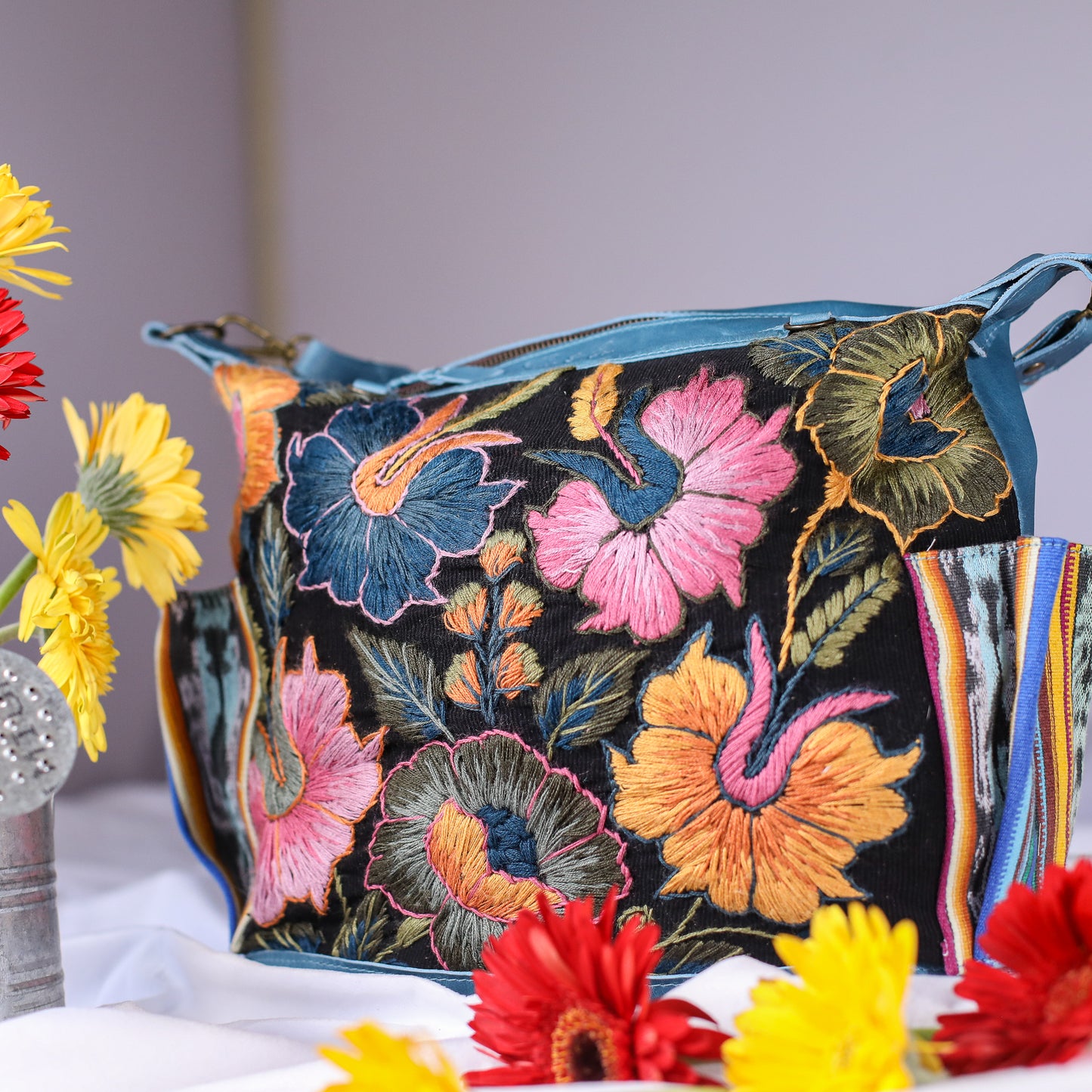 BEATRIZ MCDB + DIAMANTE STRAP - H&S EMBROIDERED FLORAL - CERULEAN - NO. 200553
