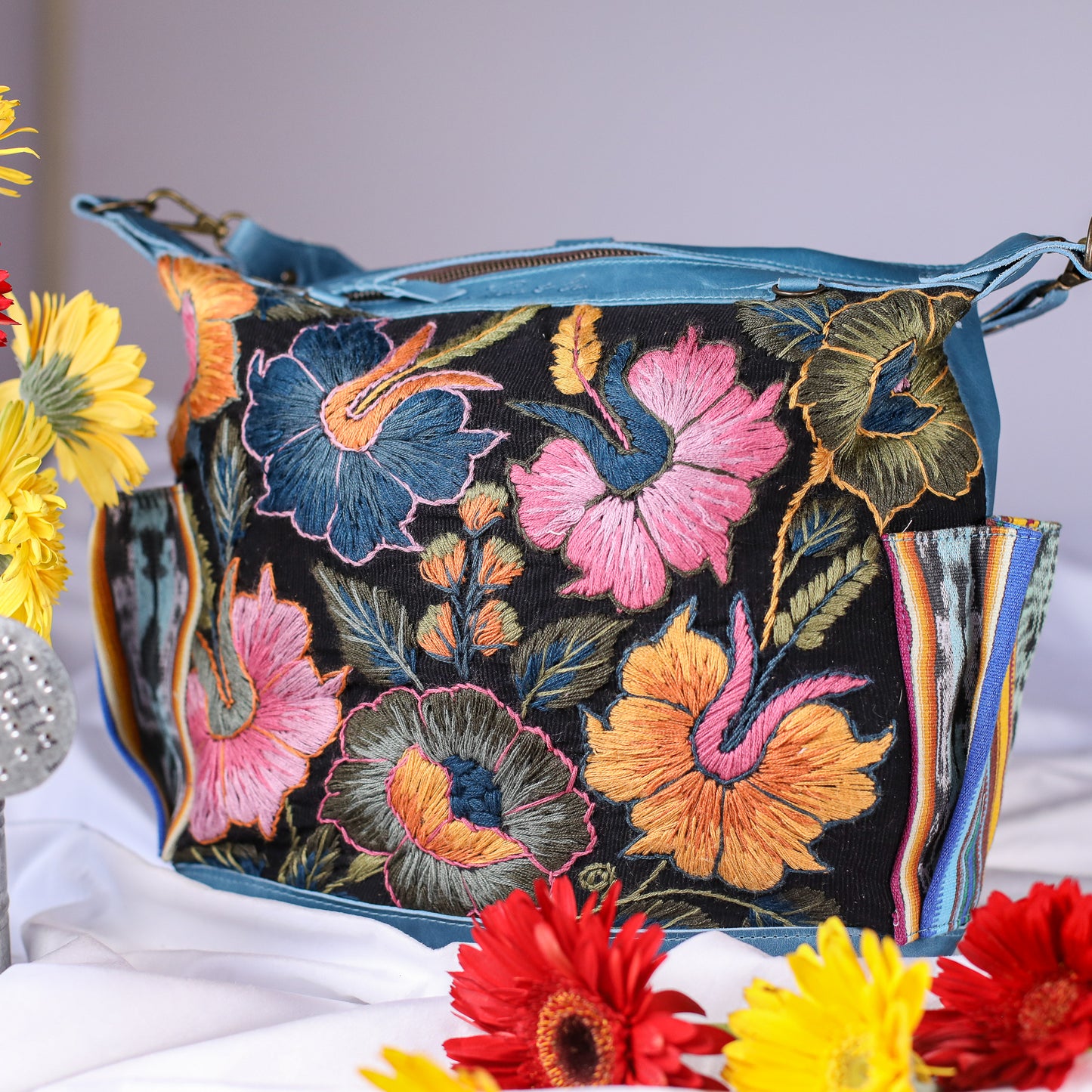 BEATRIZ MCDB + DIAMANTE STRAP - H&S EMBROIDERED FLORAL - CERULEAN - NO. 200553