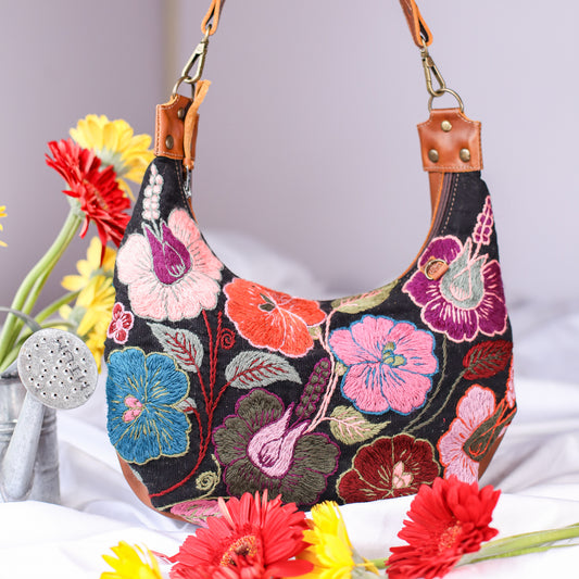 BOHO SADDLE BAG - H&S EMBROIDERED FLORAL - CAFE - NO. 200563