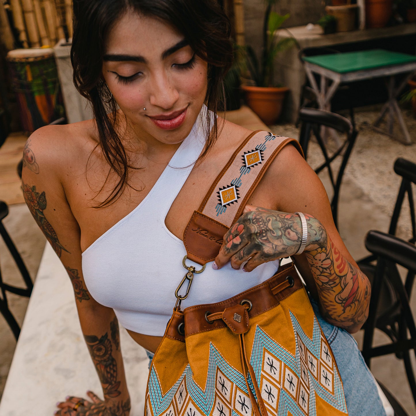 ALI'S STASH - DRAWSTRING BUCKET BAG & STRAP - H&S ANNIVERSARY - CAFE - NO. A-10066