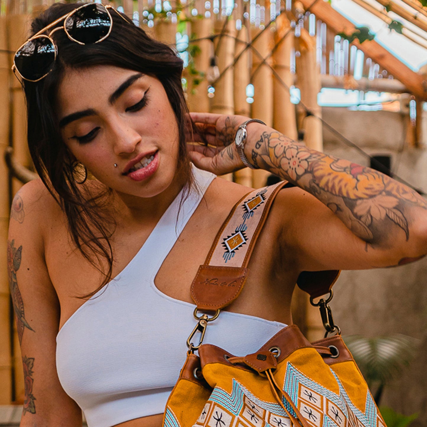ALI'S STASH - DRAWSTRING BUCKET BAG & STRAP - H&S ANNIVERSARY - CAFE - NO. A-10066