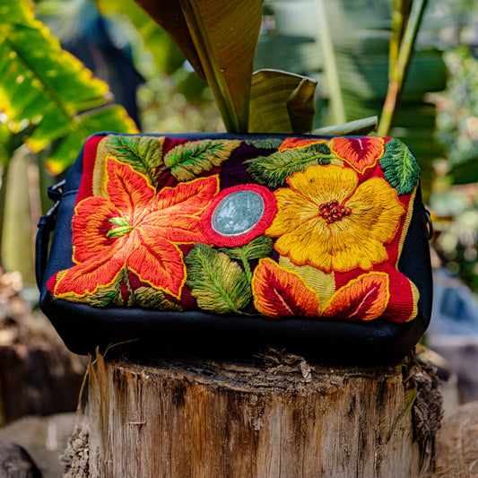 WANDER CROSSBODY BAG + STRAP SET - OOAK HUIPIL WITH JADE - BLACK - NO. 15549