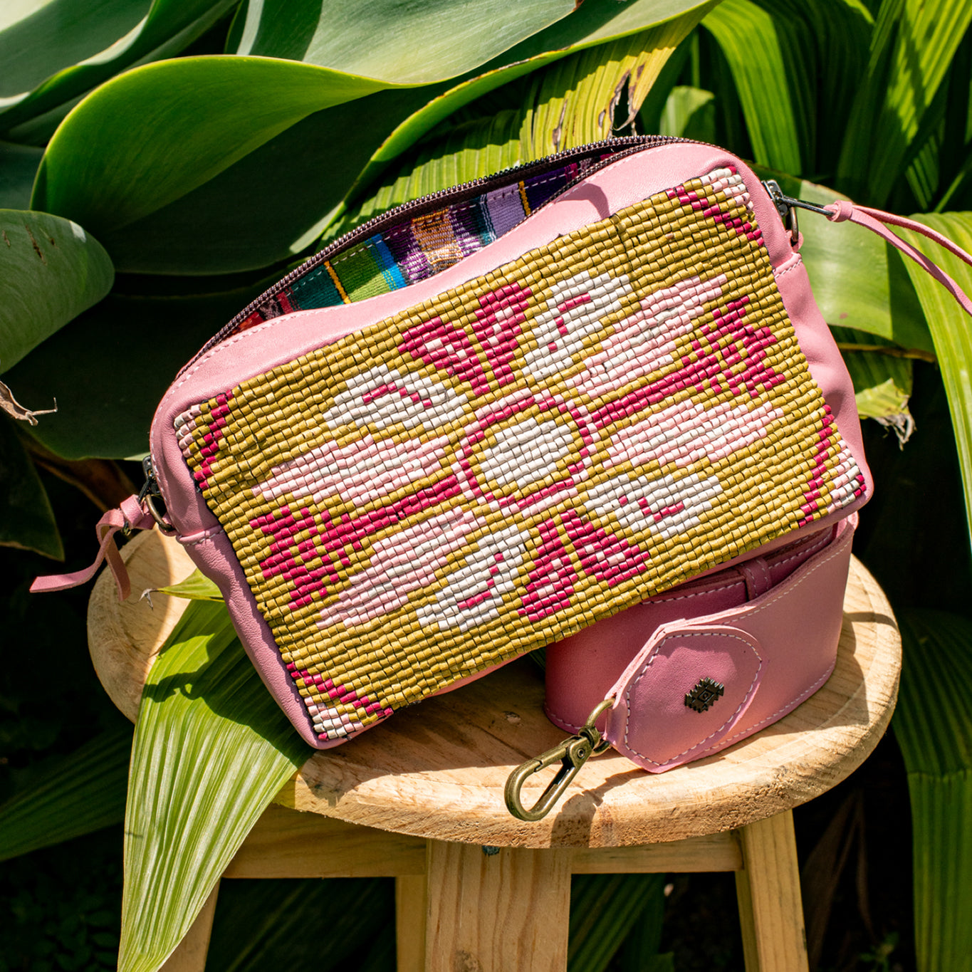 H&S WANDER CROSSBODY SET - OOAK BEADED PANEL - FLAMINGO - NO. 17131