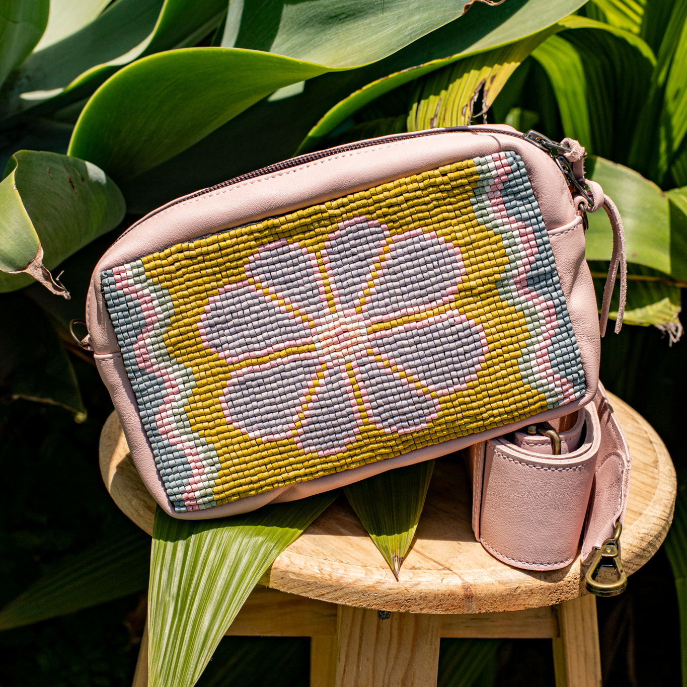 H&S WANDER CROSSBODY SET - OOAK BEADED PANEL - ROSE QUARTZ - NO. 17126