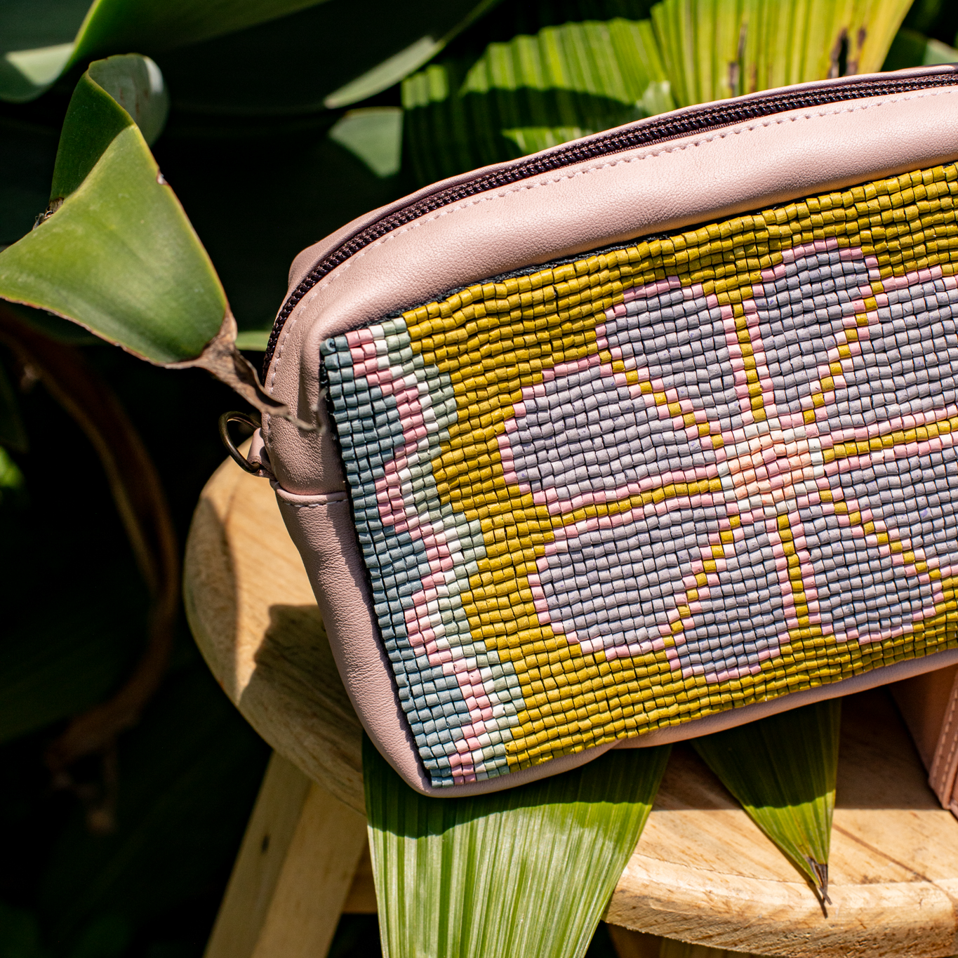 H&S WANDER CROSSBODY SET - OOAK BEADED PANEL - ROSE QUARTZ - NO. 17126