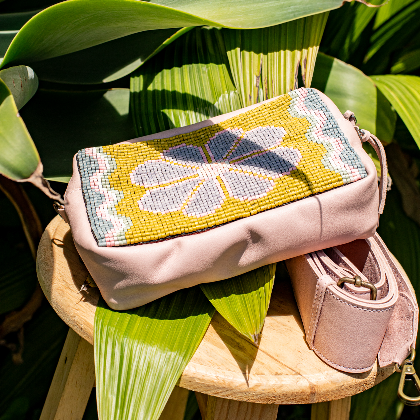 H&S WANDER CROSSBODY SET - OOAK BEADED PANEL - ROSE QUARTZ - NO. 17126