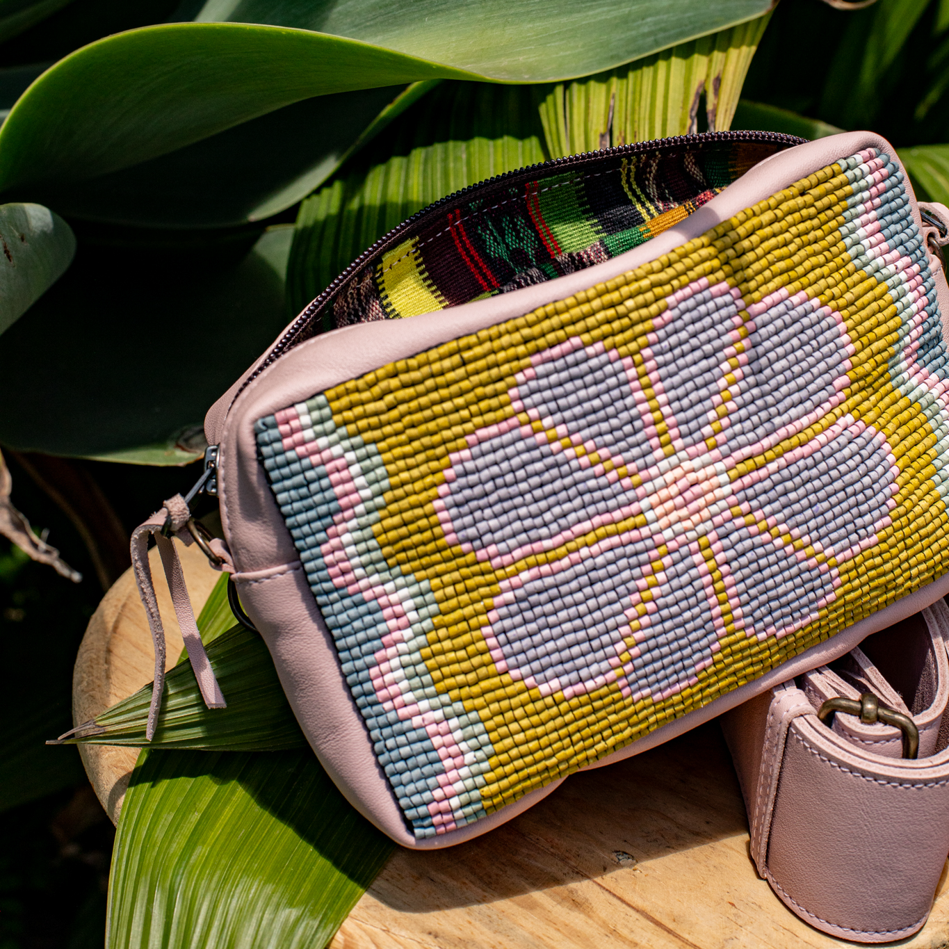 H&S WANDER CROSSBODY SET - OOAK BEADED PANEL - ROSE QUARTZ - NO. 17126