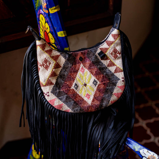 SMALL BOHO FRINGE SADDLE BAG - OOAK HUIPIL - BLACK - NO. 17145