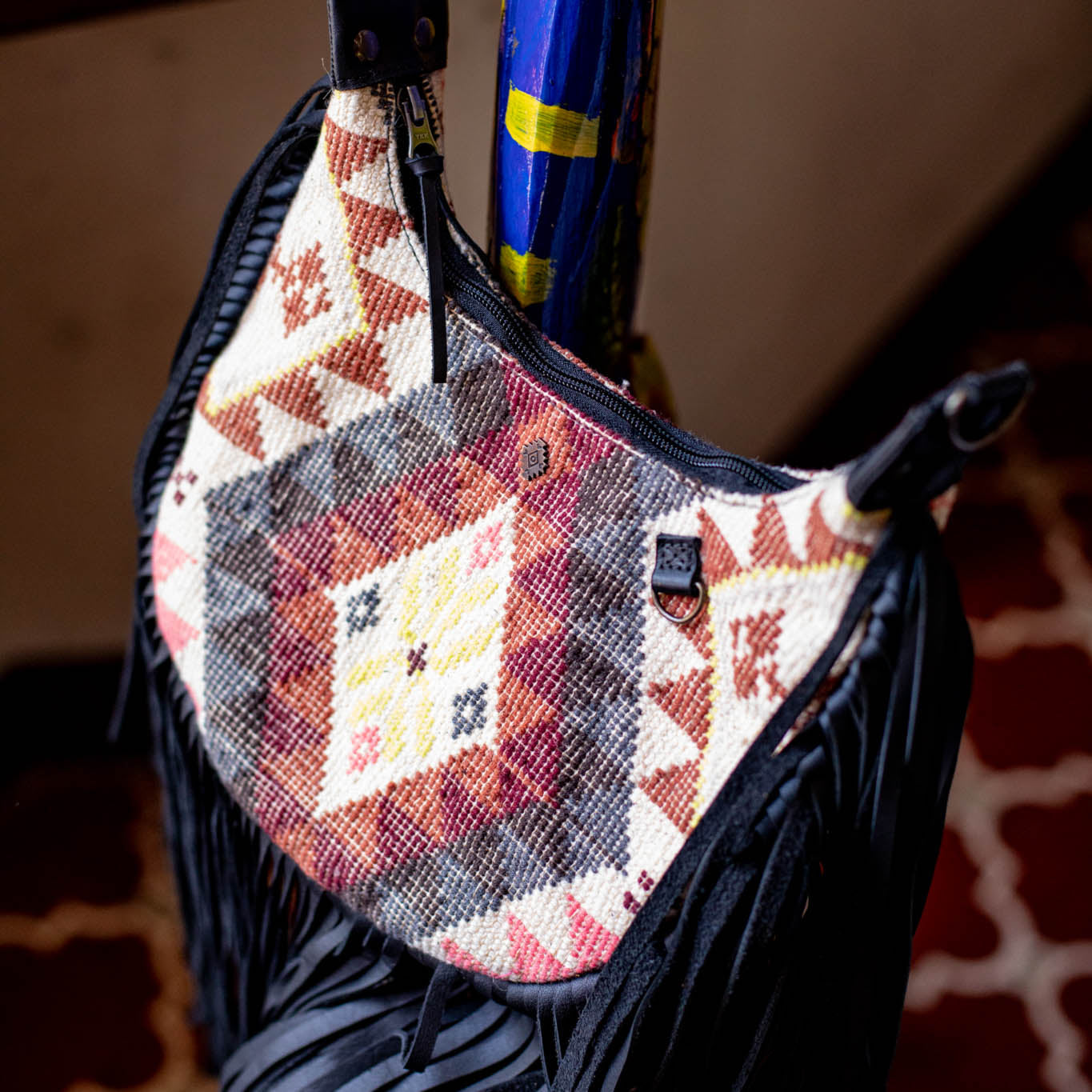 SMALL BOHO FRINGE SADDLE BAG - OOAK HUIPIL - BLACK - NO. 17145