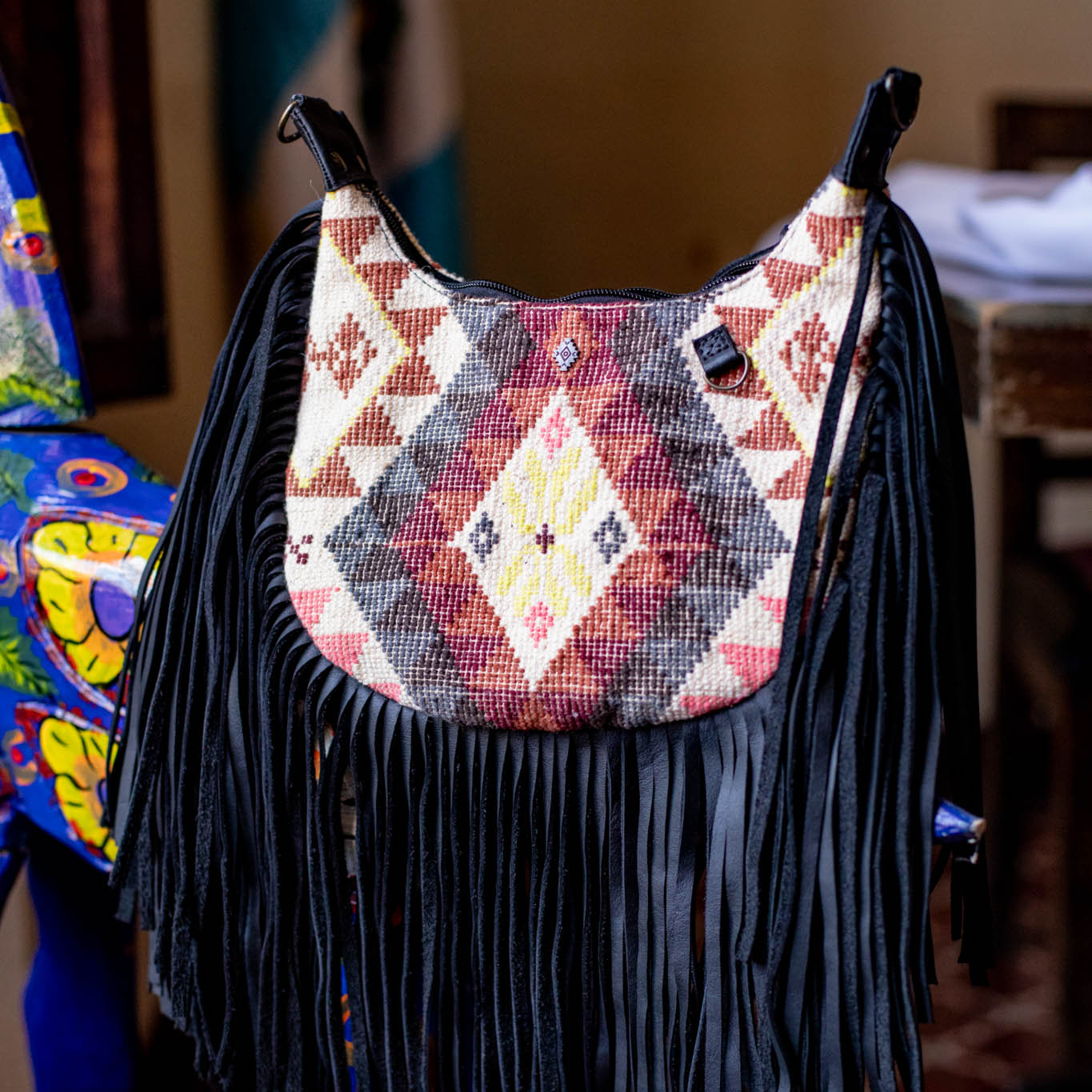 SMALL BOHO FRINGE SADDLE BAG - OOAK HUIPIL - BLACK - NO. 17145