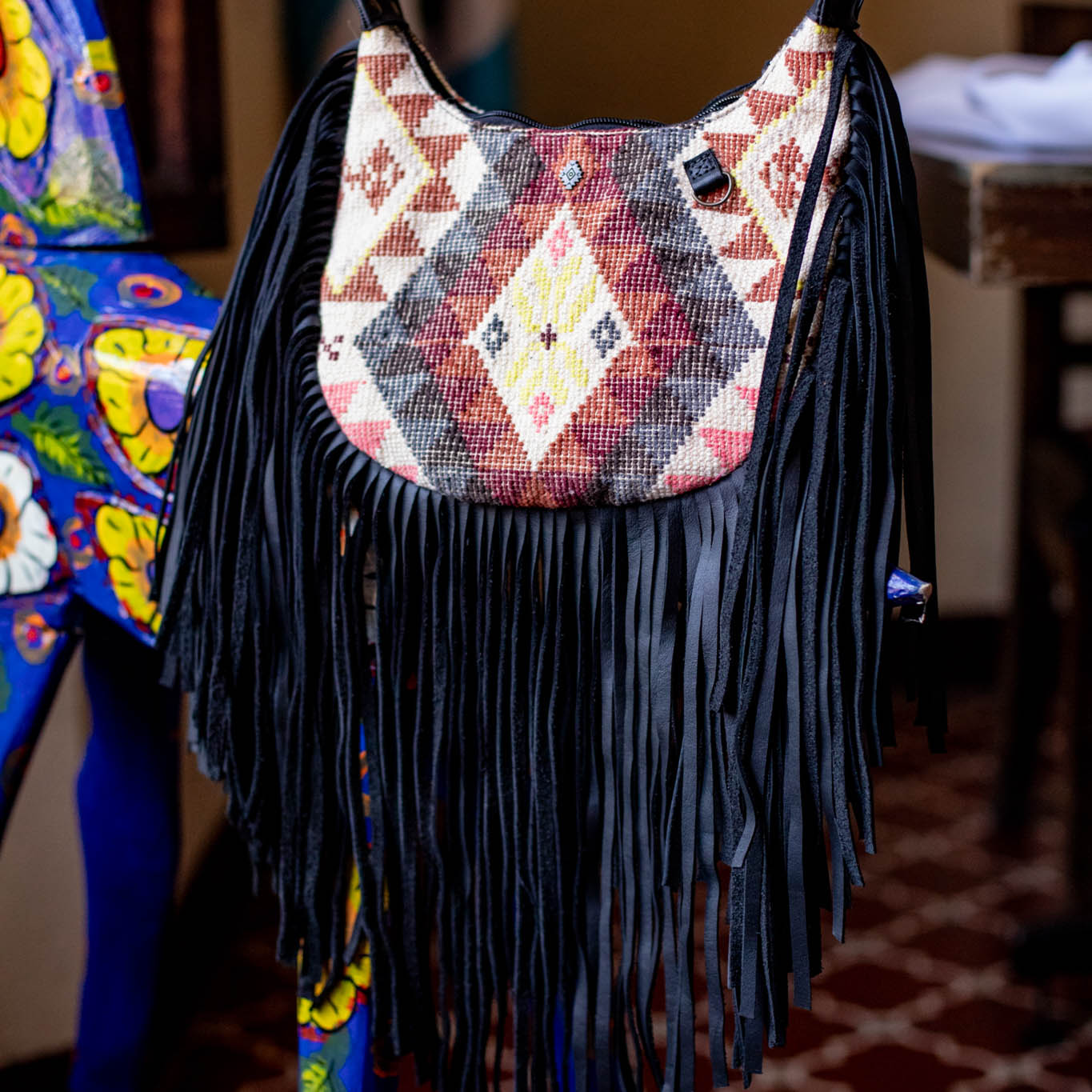 SMALL BOHO FRINGE SADDLE BAG - OOAK HUIPIL - BLACK - NO. 17145