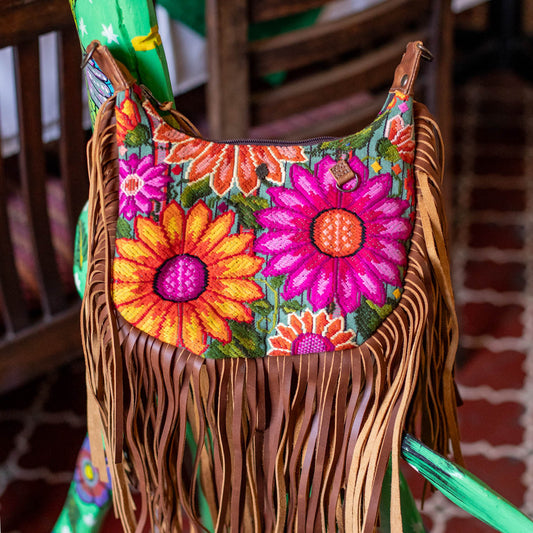 SMALL BOHO FRINGE SADDLE BAG - OOAK HUIPIL - CAFE - NO. 17141