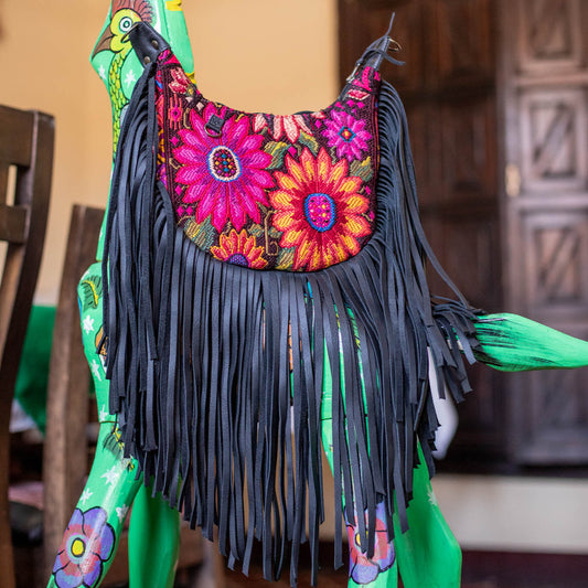 SMALL BOHO FRINGE SADDLE BAG - OOAK HUIPIL - BLACK - NO. 17142