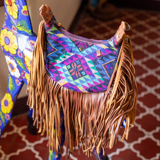 SMALL BOHO FRINGE SADDLE BAG - OOAK HUIPIL - CAFE - NO. 17138