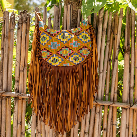 SMALL BOHO FRINGE SADDLE BAG - OOAK HUIPIL - CAFE - NO. 17134