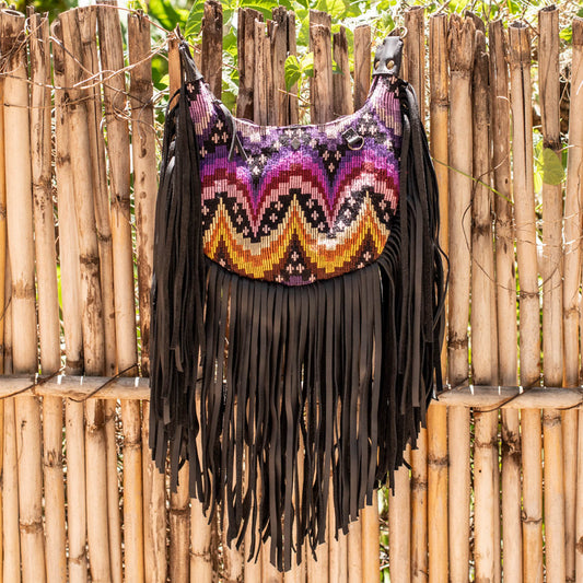 SMALL BOHO FRINGE SADDLE BAG - OOAK HUIPIL - BLACK - NO. 17143