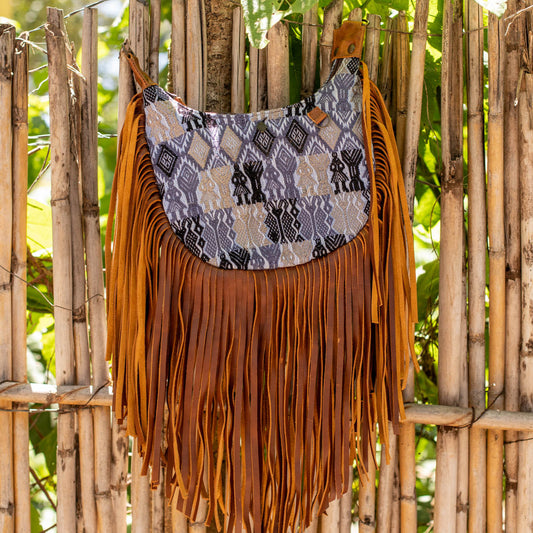 SMALL BOHO FRINGE SADDLE BAG - OOAK HUIPIL - CAFE - NO. 17132