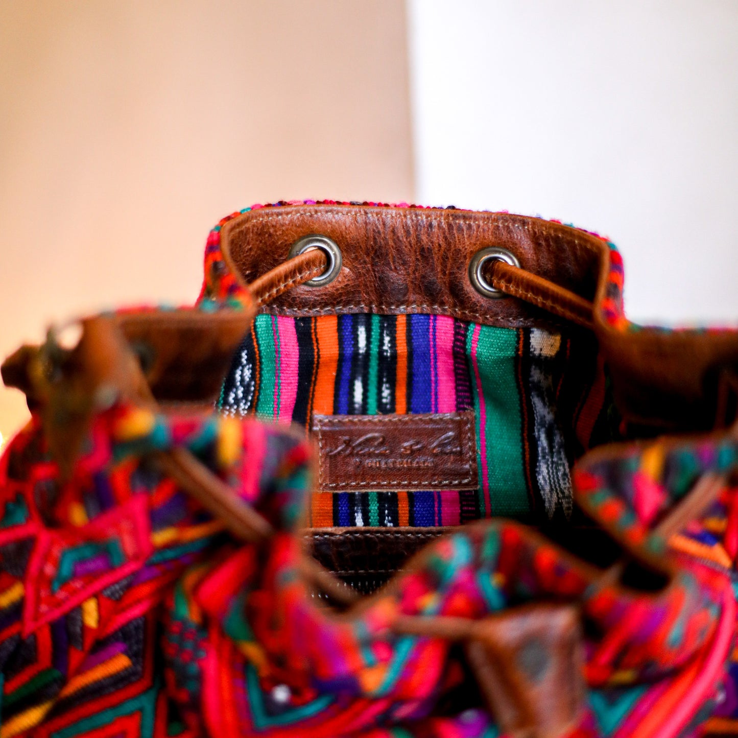 DRAWSTRING BUCKET BAG - OOAK HUIPIL - HONEY - NO. 18945