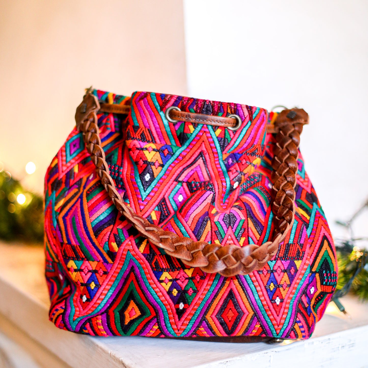DRAWSTRING BUCKET BAG - OOAK HUIPIL - HONEY - NO. 18945