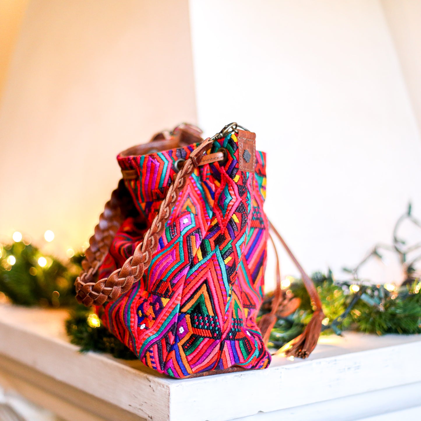 DRAWSTRING BUCKET BAG - OOAK HUIPIL - HONEY - NO. 18945