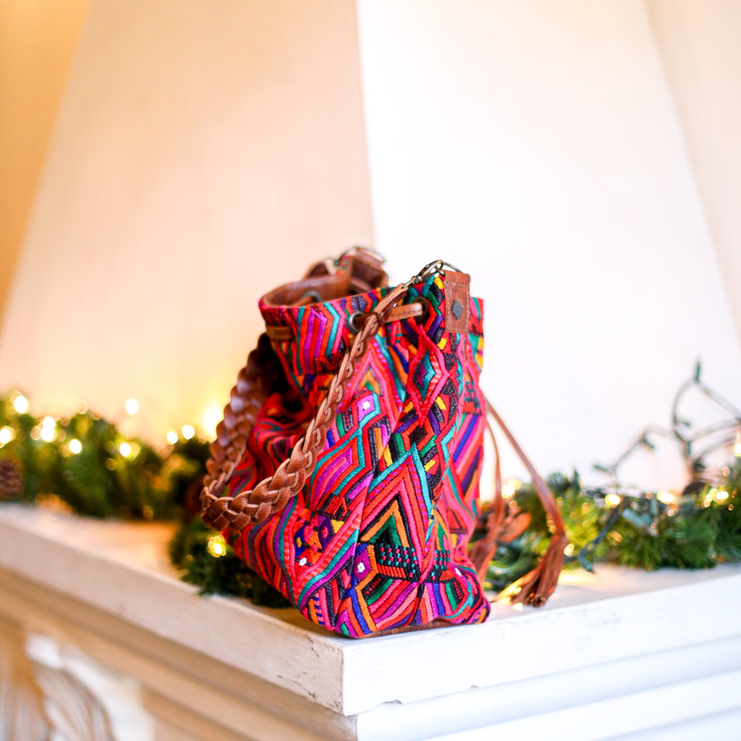 DRAWSTRING BUCKET BAG - OOAK HUIPIL - HONEY - NO. 18945