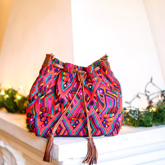 DRAWSTRING BUCKET BAG - OOAK HUIPIL - HONEY - NO. 18945