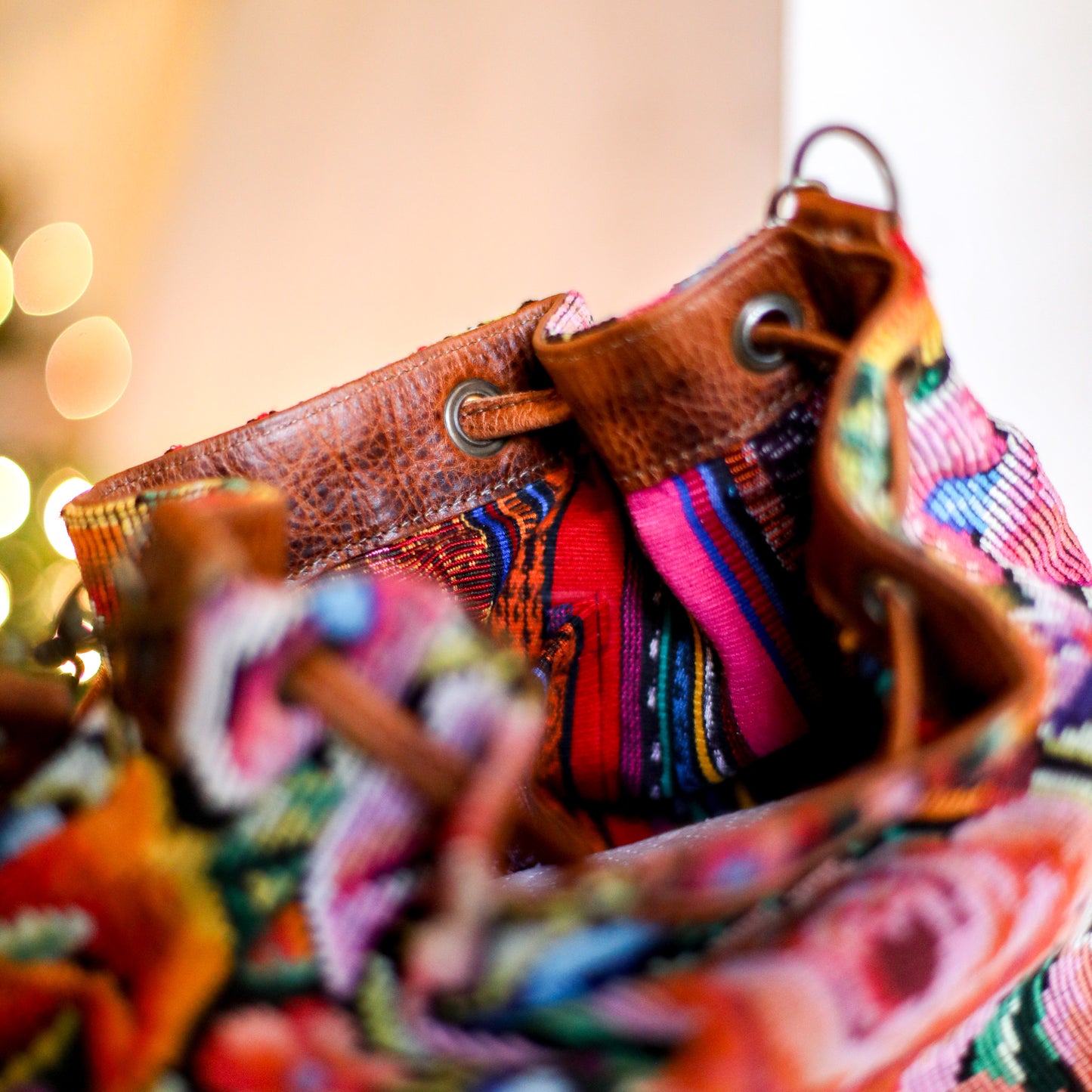 DRAWSTRING BUCKET BAG - OOAK HUIPIL - HONEY - NO. 18951