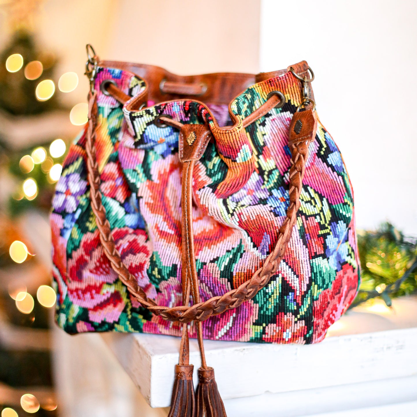 DRAWSTRING BUCKET BAG - OOAK HUIPIL - HONEY - NO. 18951