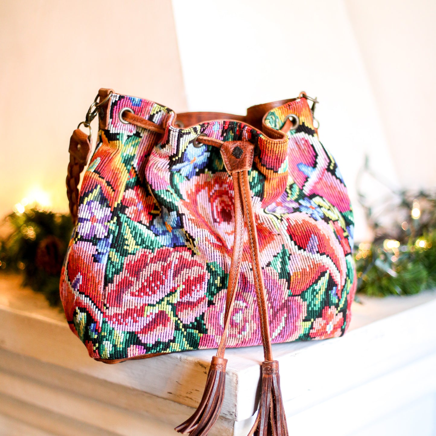 DRAWSTRING BUCKET BAG - OOAK HUIPIL - HONEY - NO. 18951