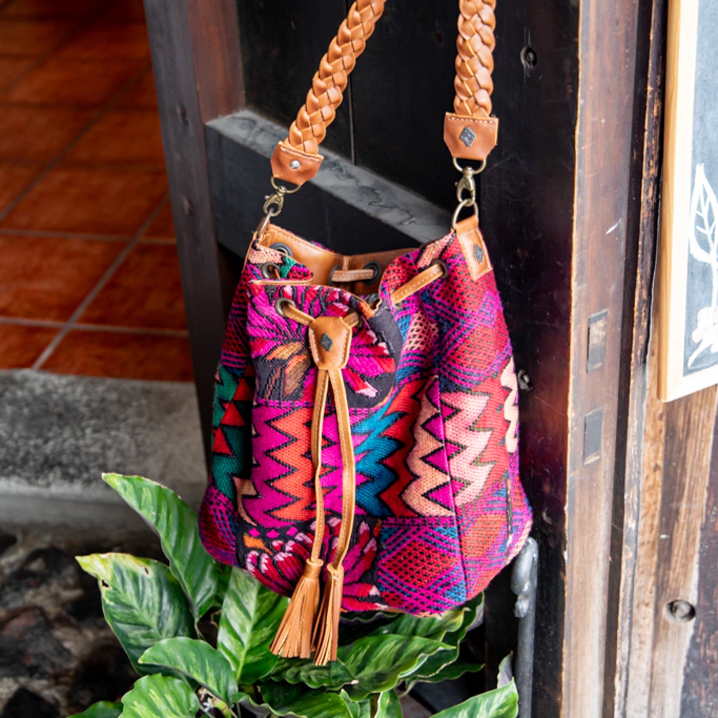 DRAWSTRING BUCKET BAG - OOAK HUIPIL - CAFE - NO. 17999