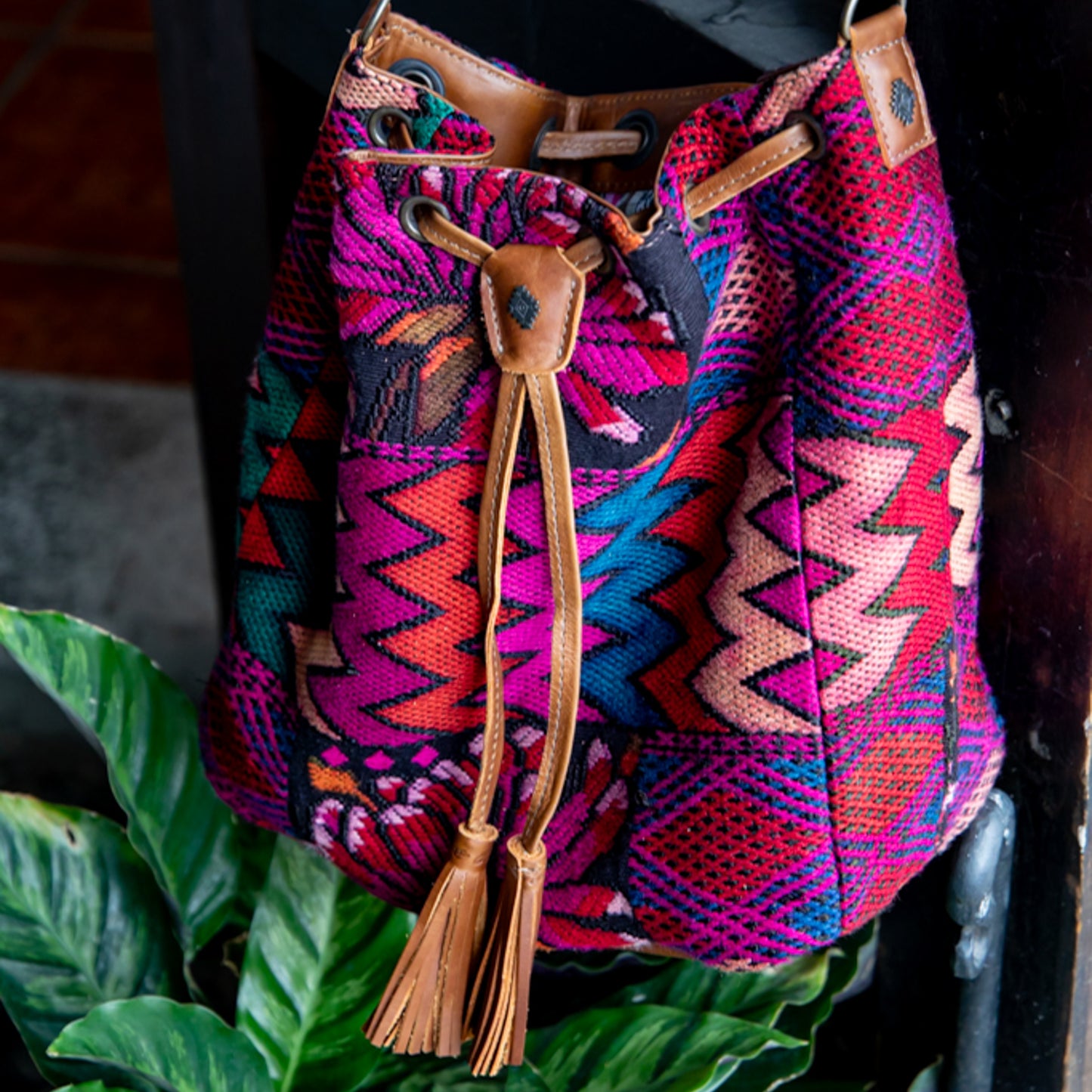 DRAWSTRING BUCKET BAG - OOAK HUIPIL - CAFE - NO. 17999