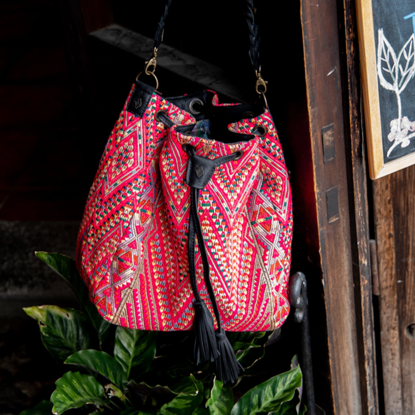 DRAWSTRING BUCKET BAG - OOAK HUIPIL - BLACK - NO. 17989